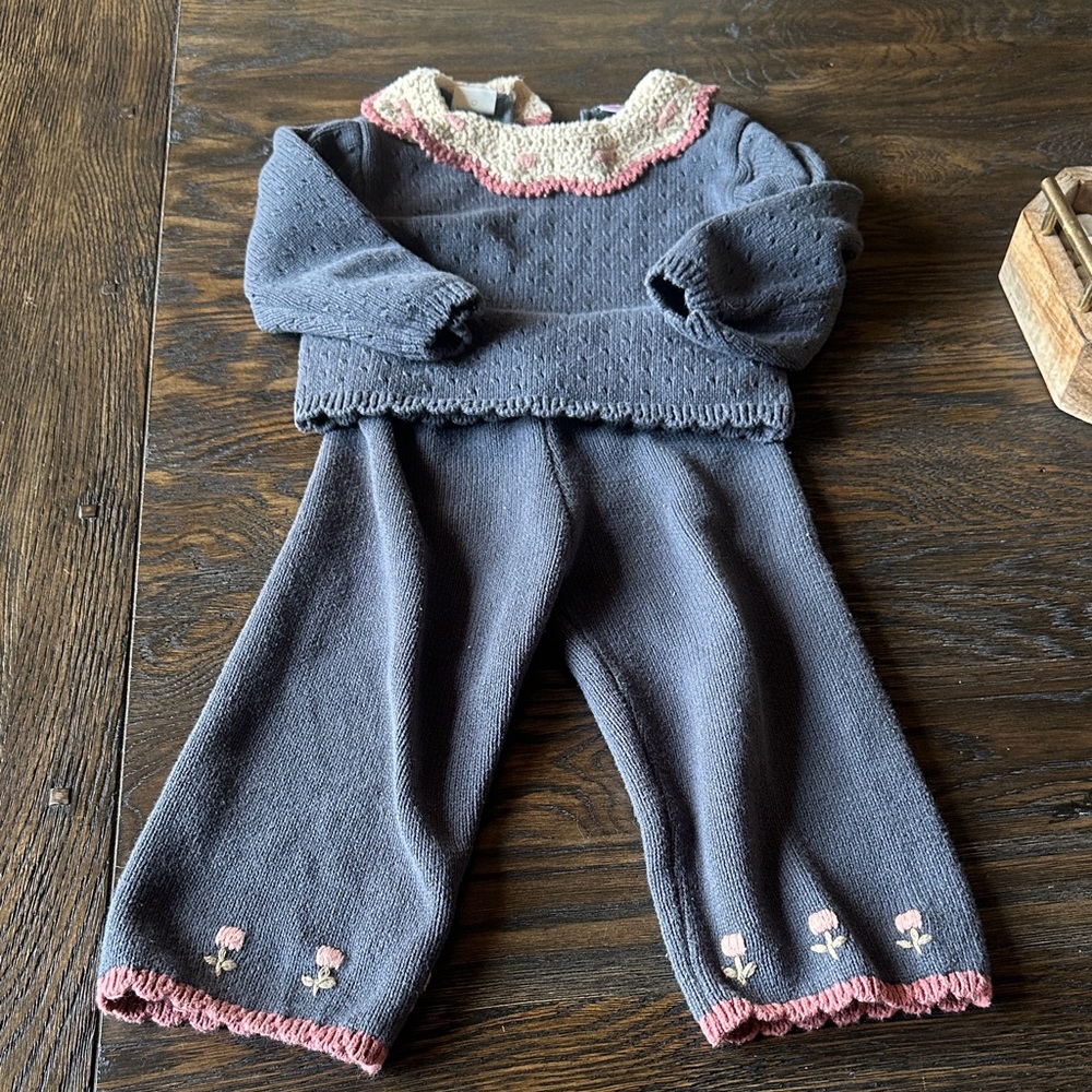 Zara Charcoal Knit Top and Pant Set with Pink and Cream Collar